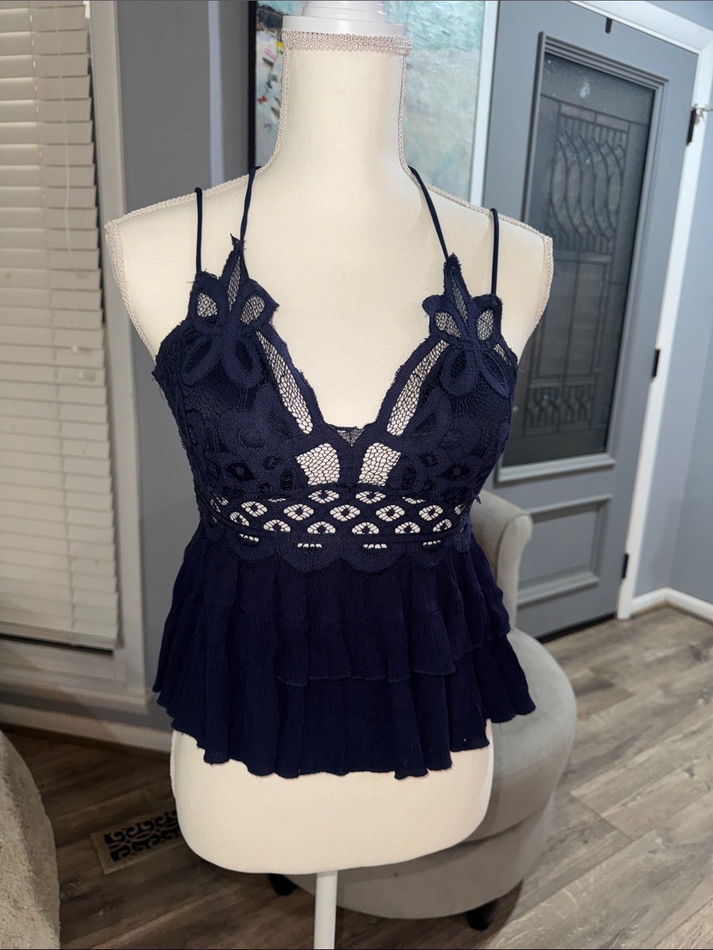 Navy Crochet Lace Ruffled Tank Top-Zenana